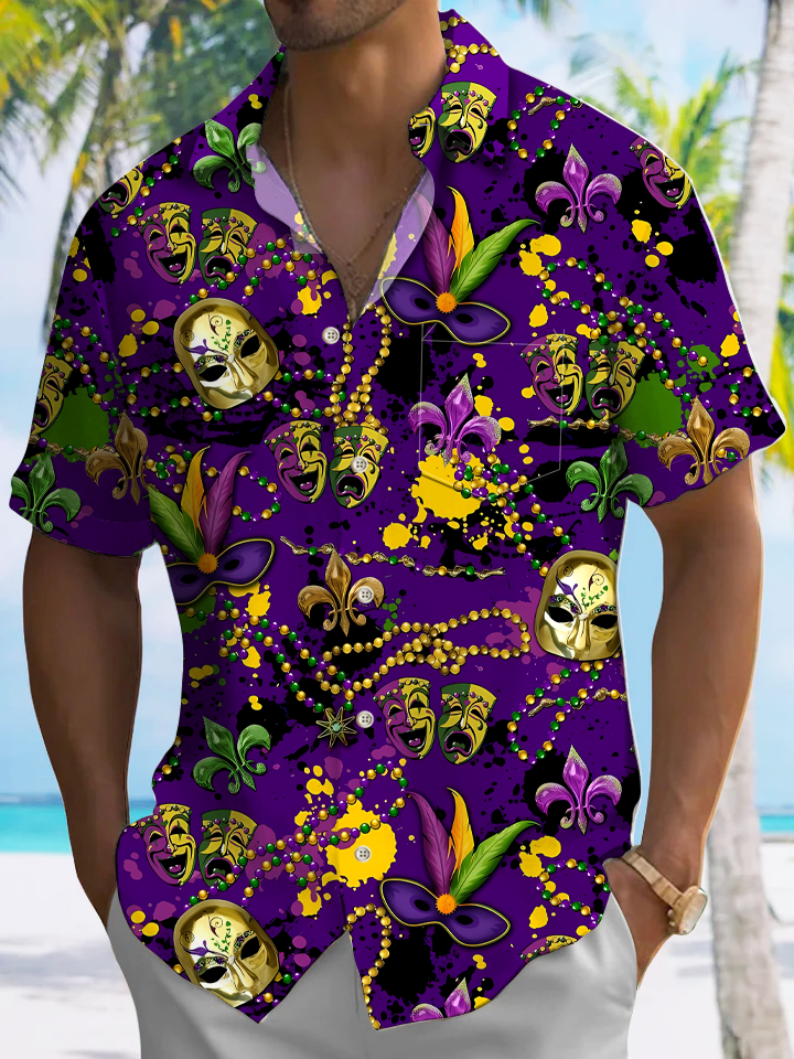 Alohadaddy Mask Carnival Button Pocket Casual Short Sleeve Shirt