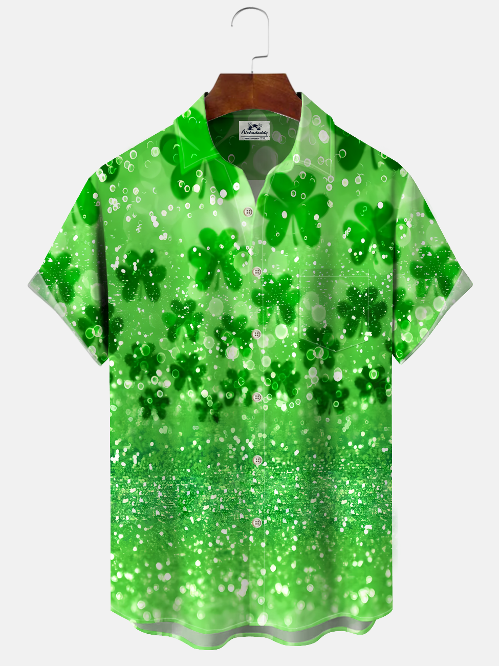 Alohadaddy Four-Leaf Clover Plant Leaves Button Pocket Casual Short Sleeve Shirt