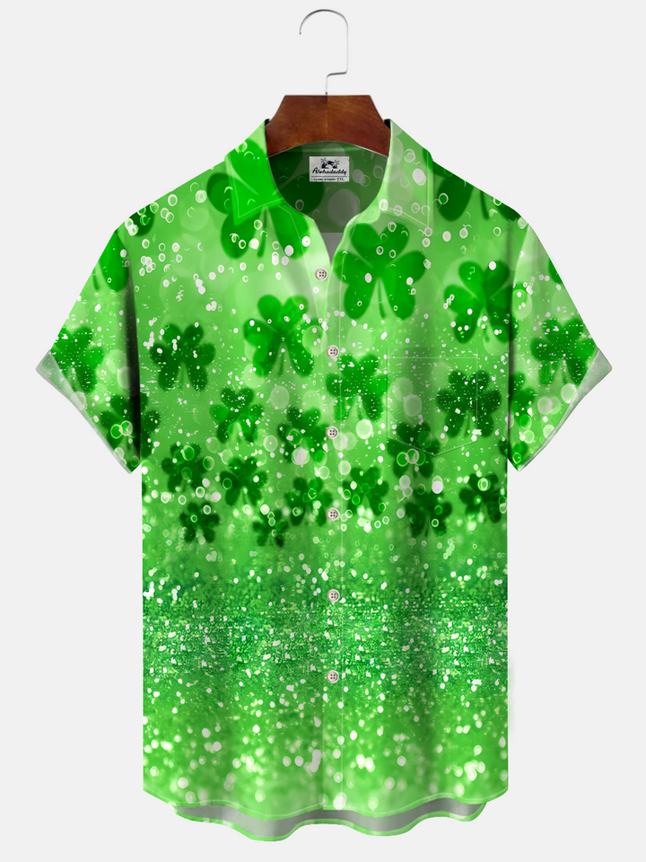 Alohadaddy Four-Leaf Clover Plant Leaves Button Pocket Casual Short Sleeve Shirt