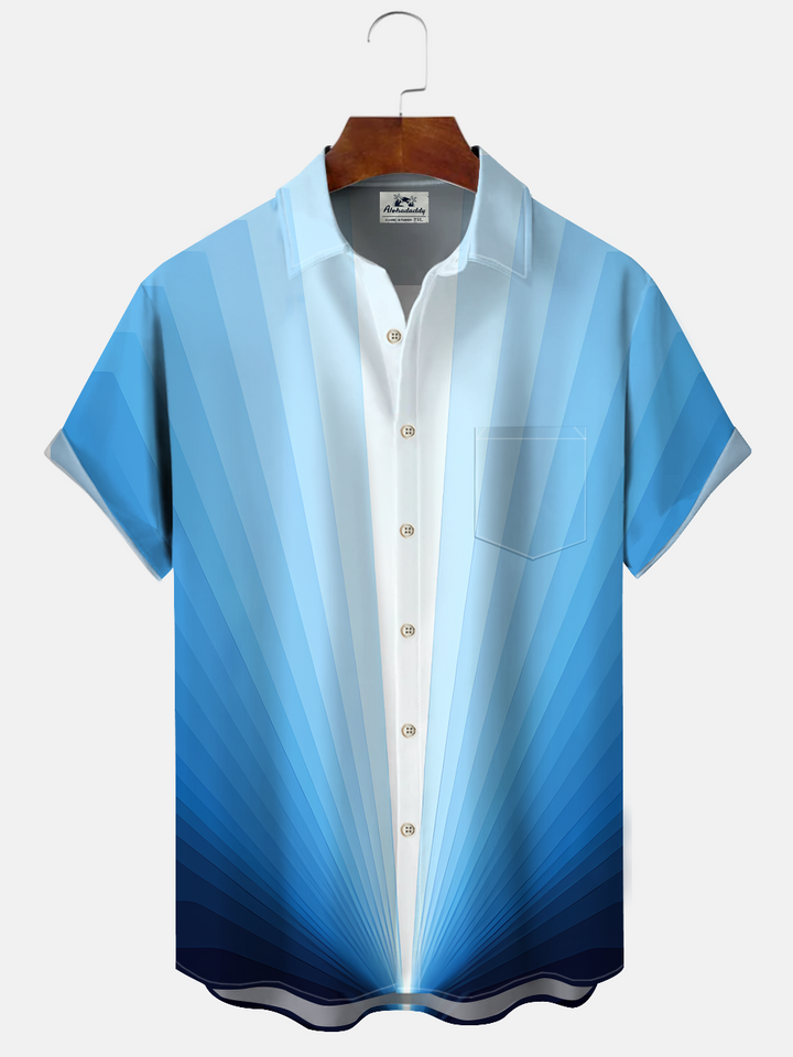 Alohadaddy Gradient Geometric Stripes Button Pocket Casual Short Sleeve Shirt