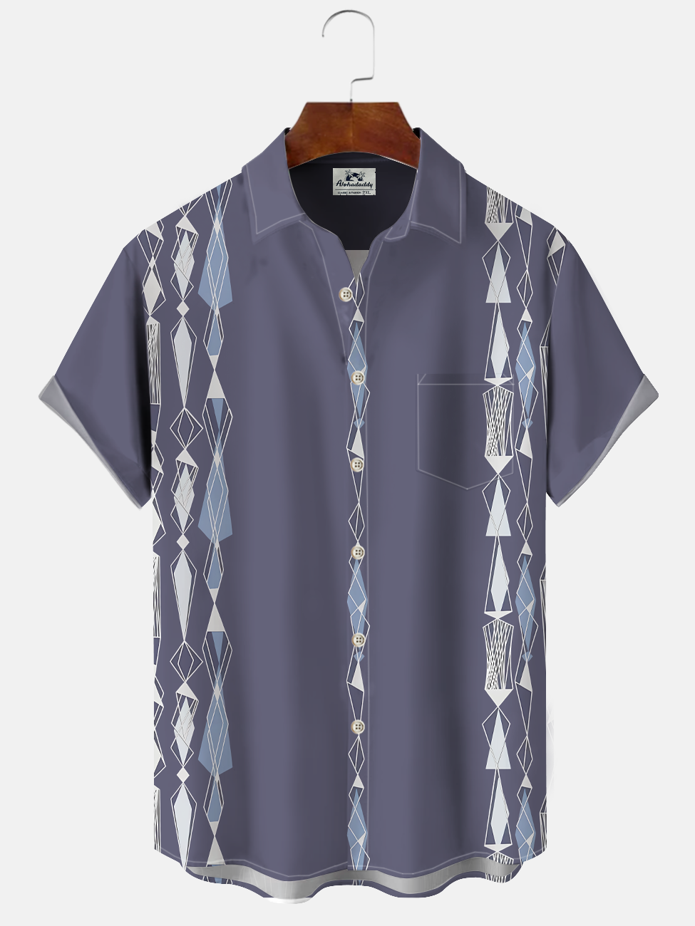 Alohadaddy Geometric Lines Buttons Pockets Casual 50S Bowling Commuter Short Sleeve Shirt