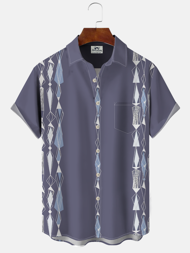Alohadaddy Geometric Lines Buttons Pockets Casual 50S Bowling Commuter Short Sleeve Shirt