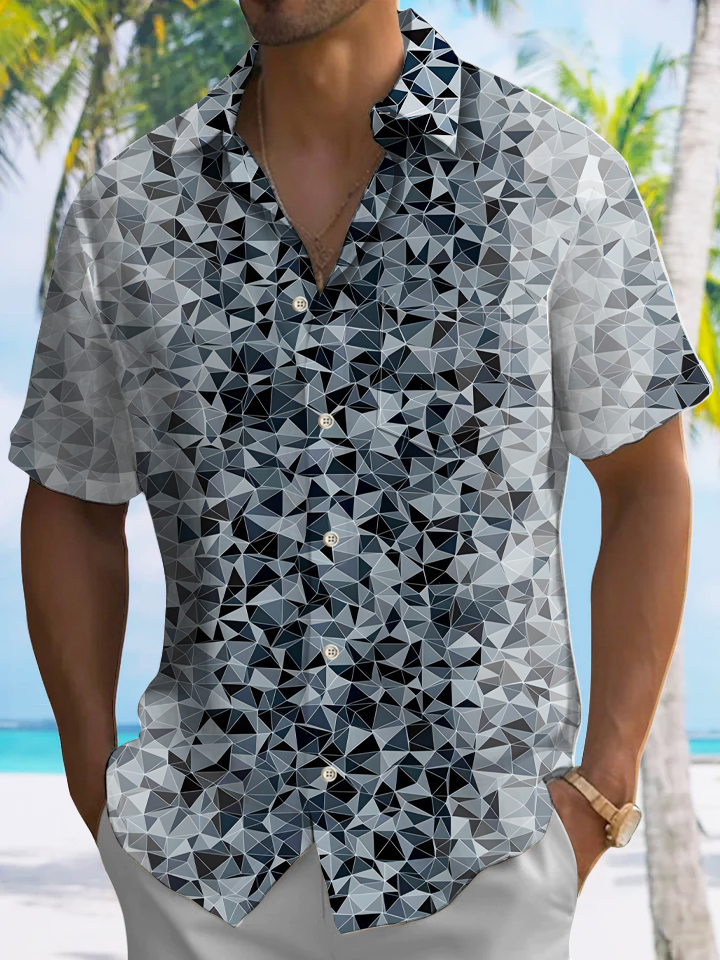 Alohadaddy Geometric Gradient Button Pocket Casual Short Sleeve Shirt