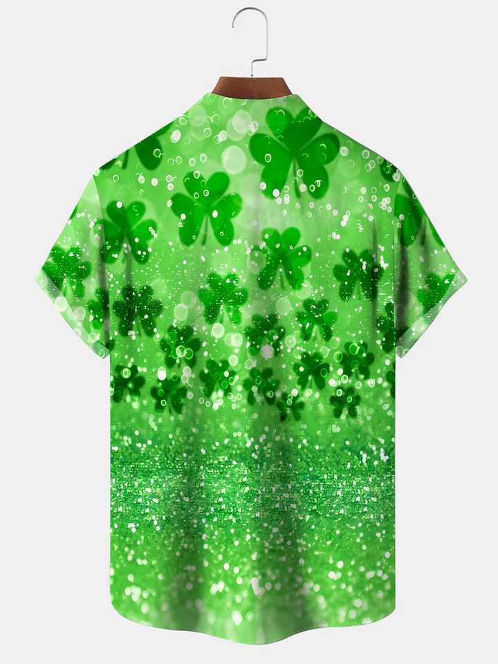 Alohadaddy Four-Leaf Clover Plant Leaves Button Pocket Casual Short Sleeve Shirt