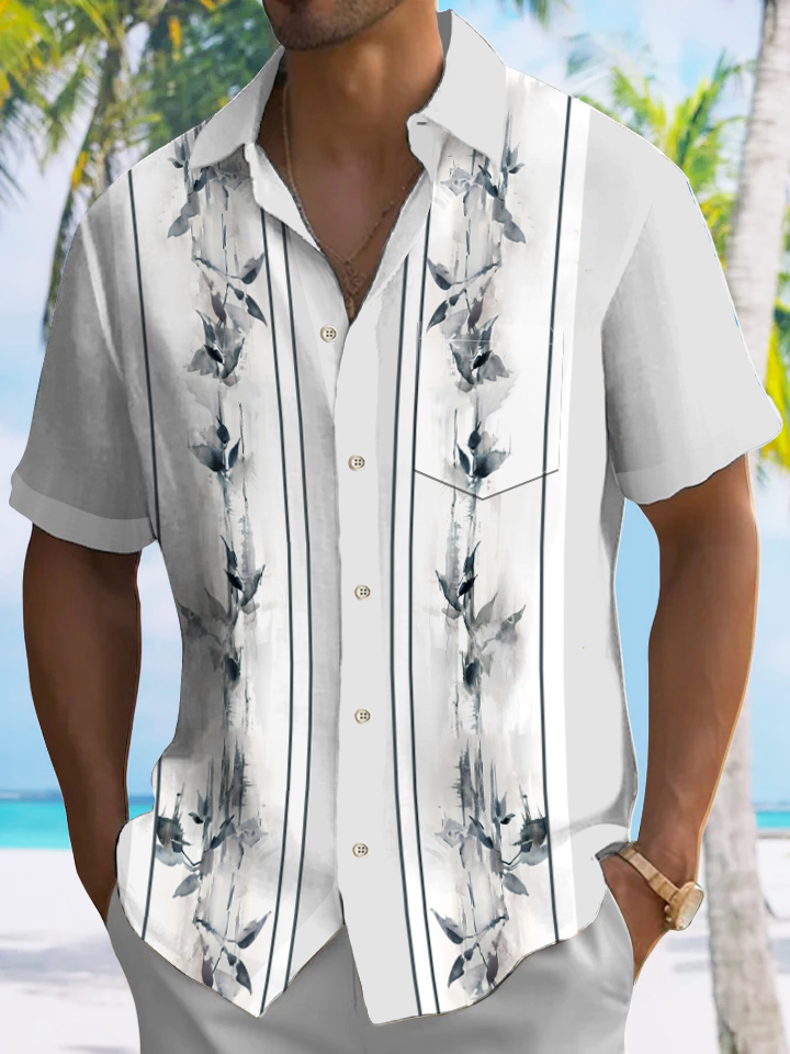 Alohadaddy Plant Button Pocket Casual 50S Bowling Commuter Short Sleeve Shirt