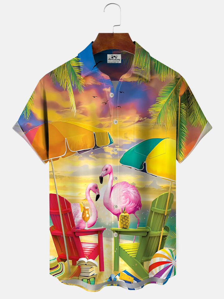 Alohadaddy Beach Coconut Tree Flamingo Button Pocket Casual Short Sleeve Shirt