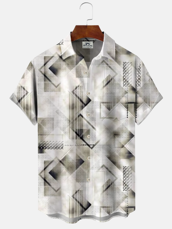Alohadaddy Geometric Pattern Button Pocket Casual Short Sleeve Shirt