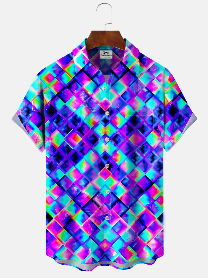 Alohadaddy Geometric Pattern Fluorescent Geometric Button Pocket Casual Short Sleeve Shirt