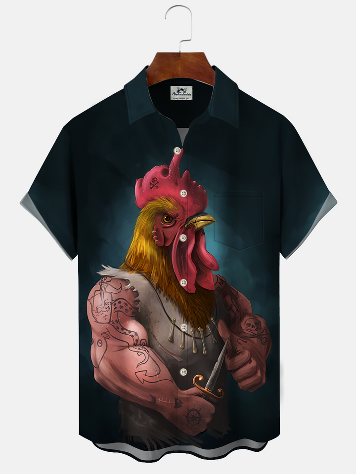 Alohadaddy Art Rooster Rock Button Pocket Casual Short Sleeve Shirt