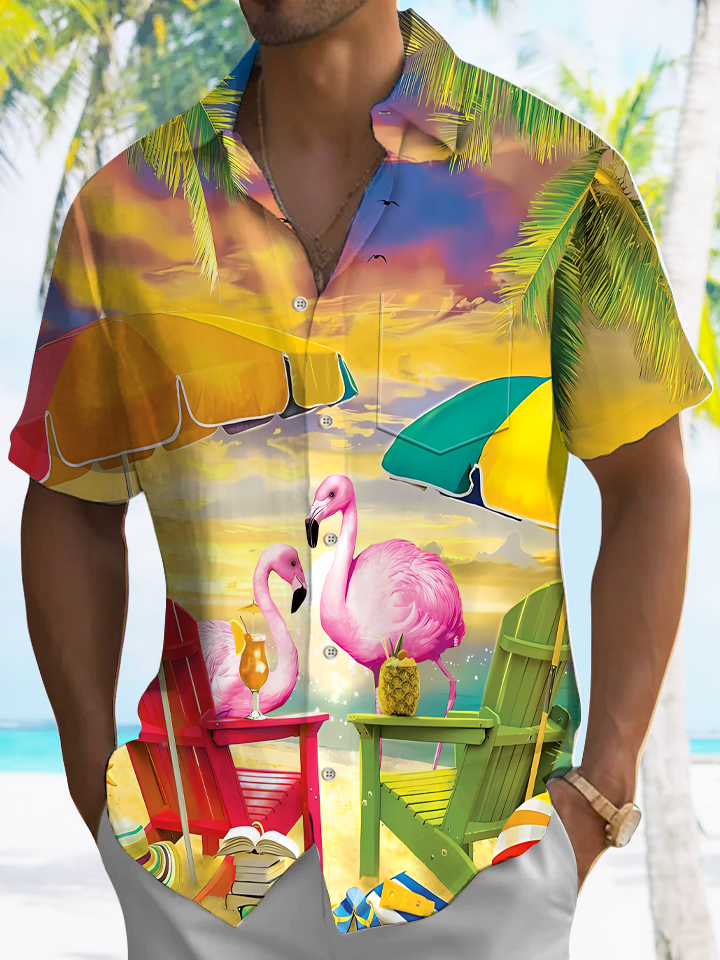 Alohadaddy Beach Coconut Tree Flamingo Button Pocket Casual Short Sleeve Shirt