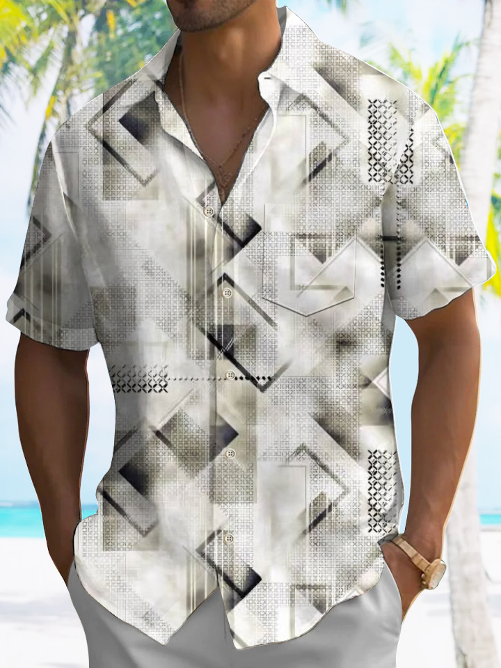 Alohadaddy Geometric Pattern Button Pocket Casual Short Sleeve Shirt