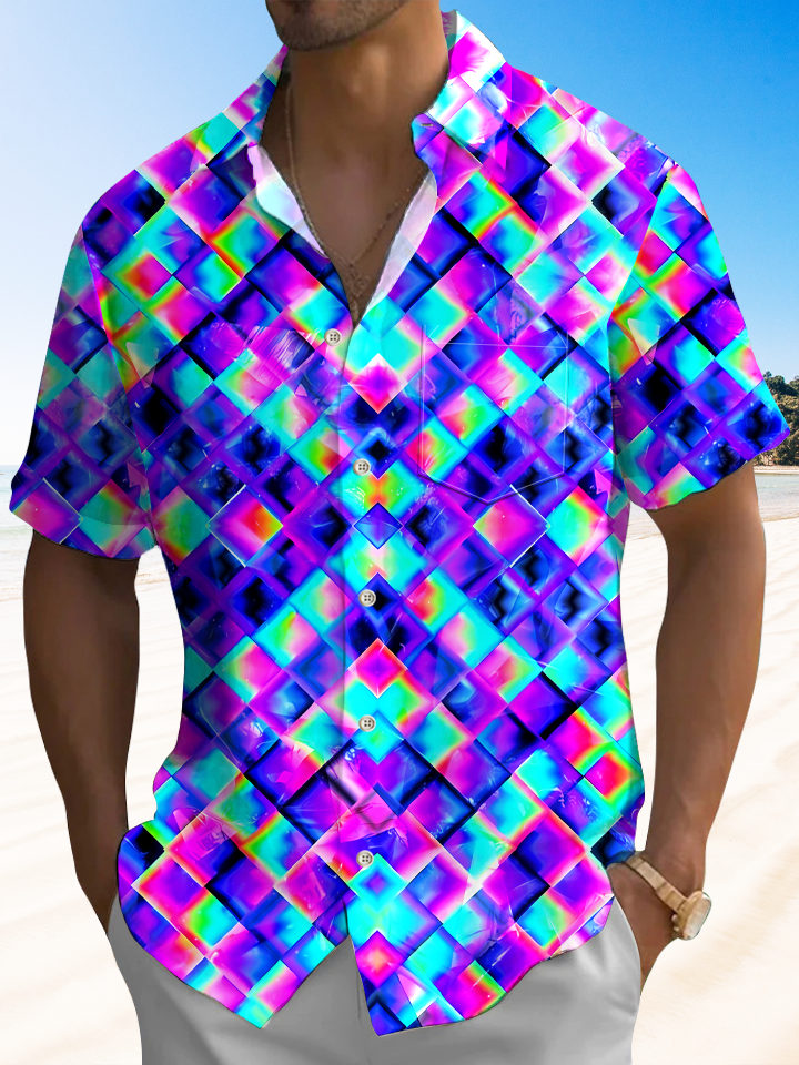 Alohadaddy Geometric Pattern Fluorescent Geometric Button Pocket Casual Short Sleeve Shirt