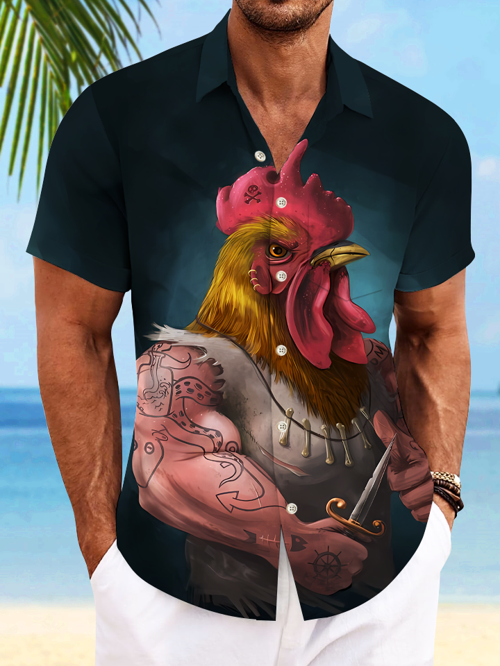 Alohadaddy Art Rooster Rock Button Pocket Casual Short Sleeve Shirt