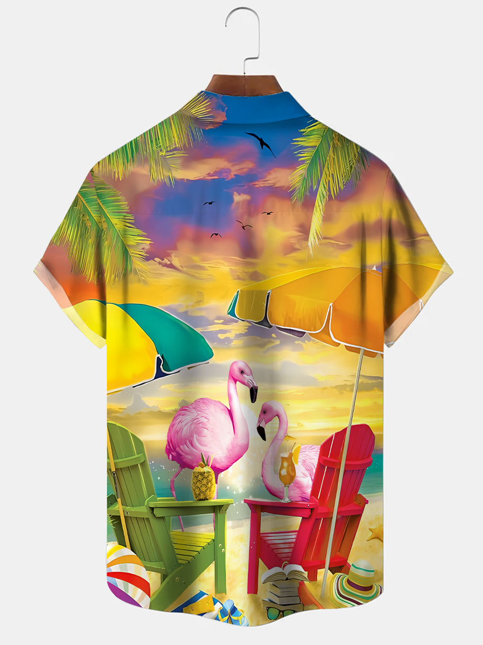 Alohadaddy Beach Coconut Tree Flamingo Button Pocket Casual Short Sleeve Shirt