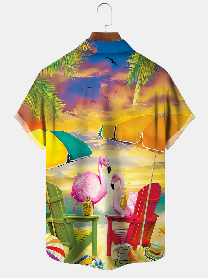 Alohadaddy Beach Coconut Tree Flamingo Button Pocket Casual Short Sleeve Shirt