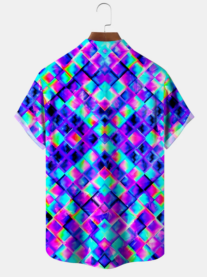 Alohadaddy Geometric Pattern Fluorescent Geometric Button Pocket Casual Short Sleeve Shirt