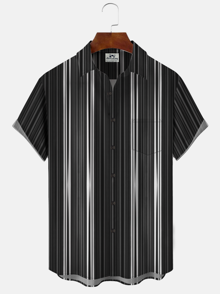Alohadaddy Geometric Lines Buttons Pockets Casual 50S Bowling Commuter Short Sleeve Shirt