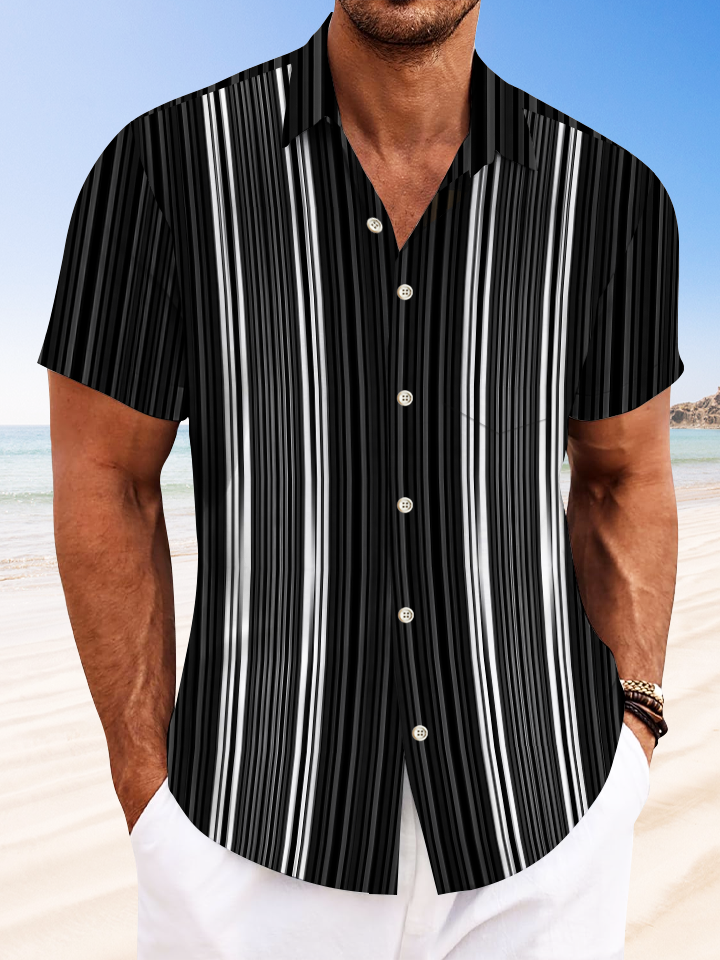 Alohadaddy Geometric Lines Buttons Pockets Casual 50S Bowling Commuter Short Sleeve Shirt