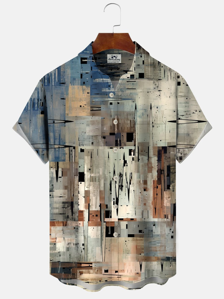 Alohadaddy Retro Geometric Button Pocket Casual Short Sleeve Shirt