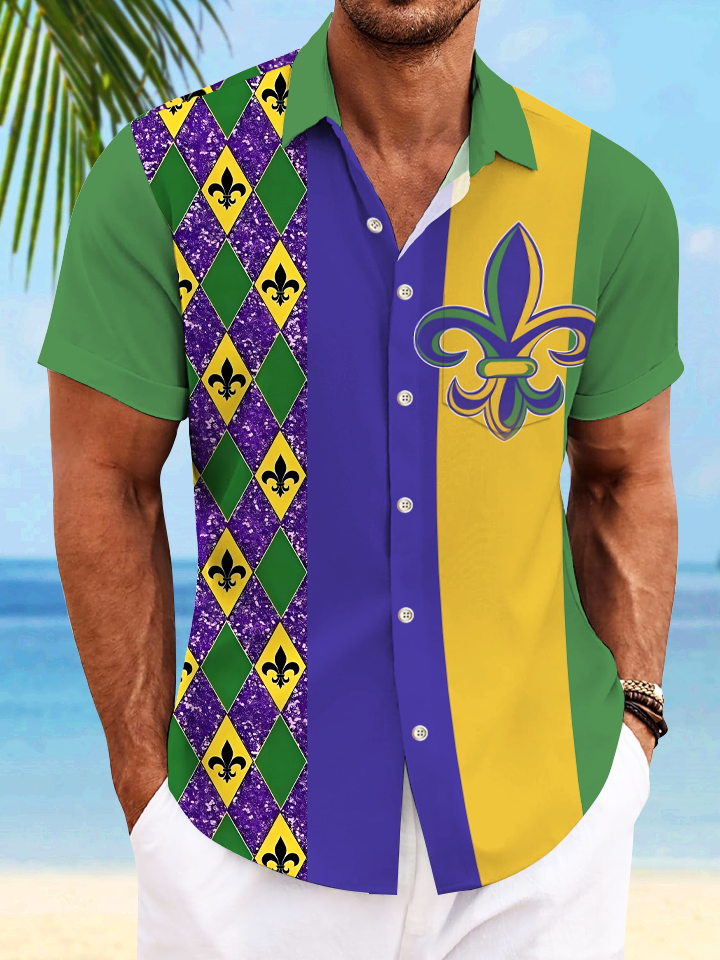 Alohadaddy Geometric Chrome Heart Stripe Button Pocket Casual Short Sleeve Shirt