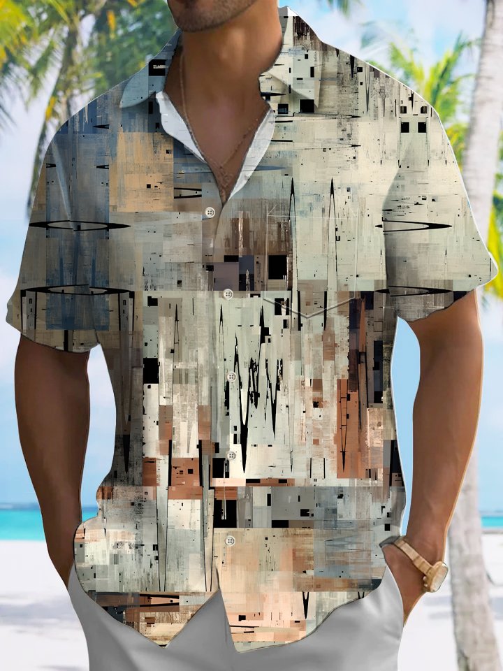 Alohadaddy Retro Geometric Button Pocket Casual Short Sleeve Shirt