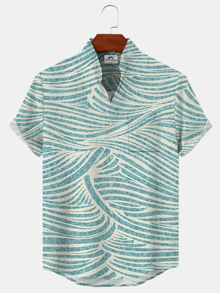 Alohadaddy Geometric Stripes Button Pocket Casual Short Sleeve Stand Collar Shirt