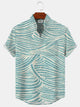 Alohadaddy Geometric Stripes Button Pocket Casual Short Sleeve Stand Collar Shirt
