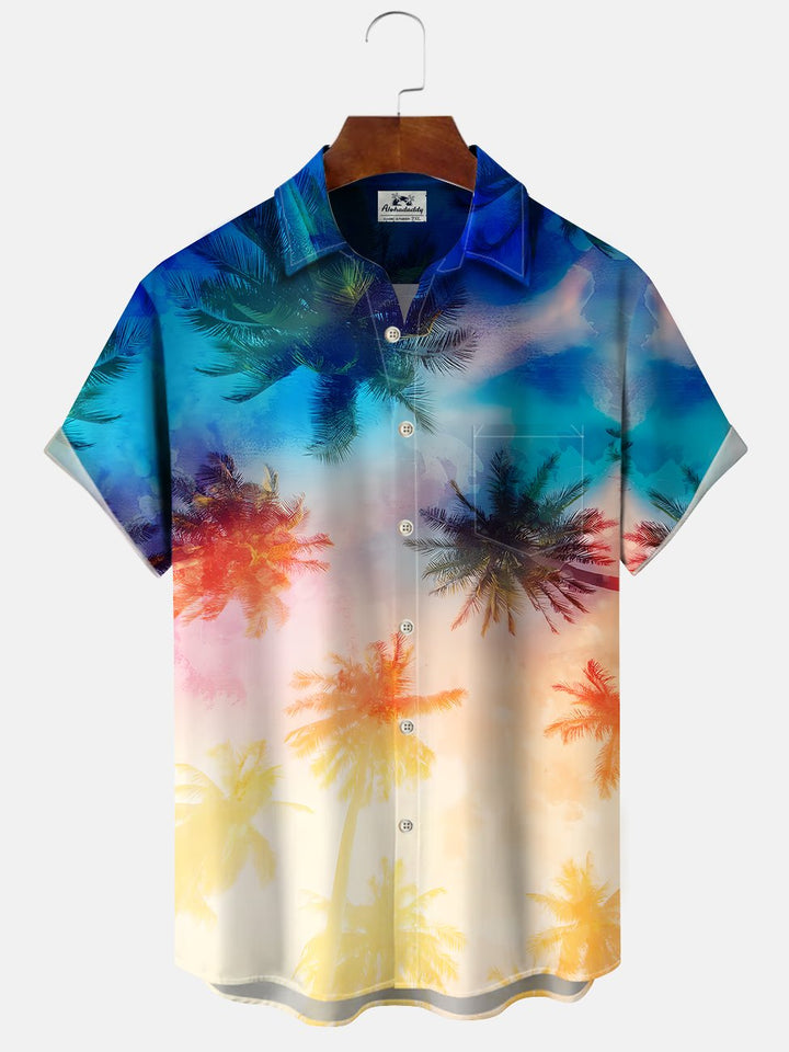 Alohadaddy Gradient Coconut Tree Button Pocket Casual Short Sleeve Shirt