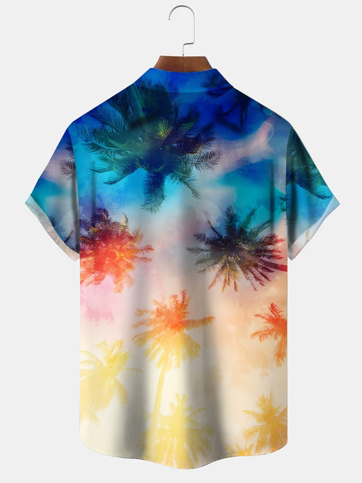 Alohadaddy Gradient Coconut Tree Button Pocket Casual Short Sleeve Shirt