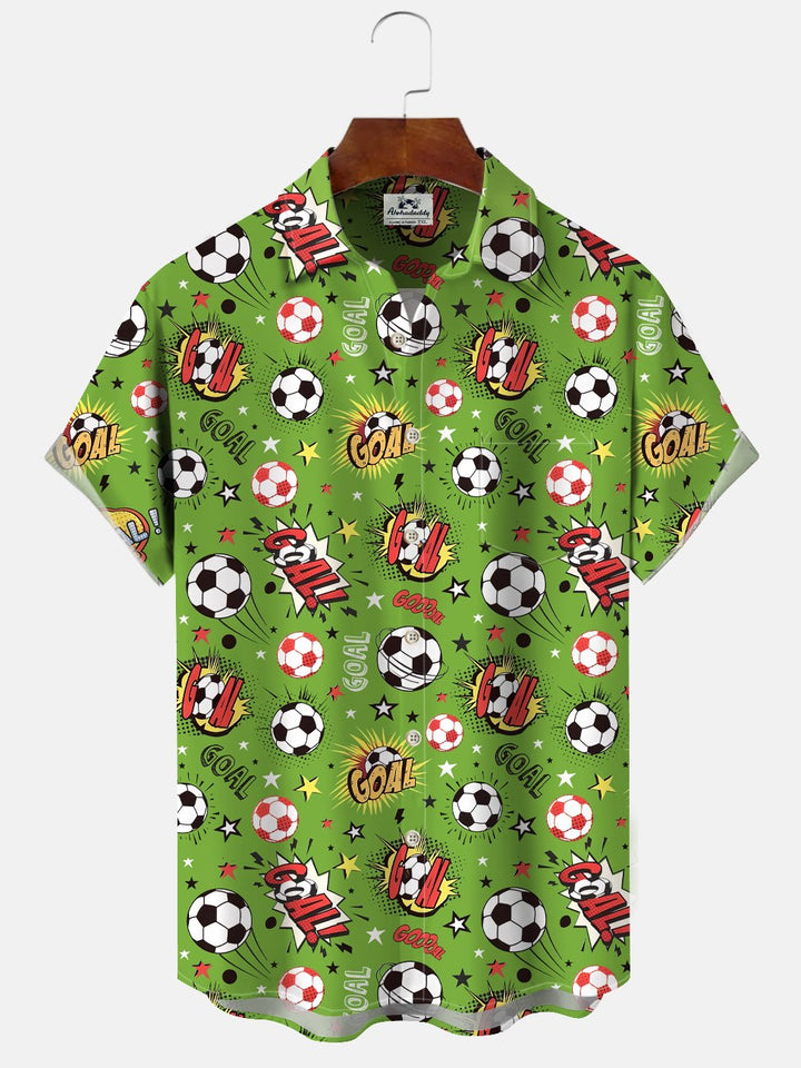 Alohadaddy Geometric Football Text Button Pocket Casual Short Sleeve Shirt