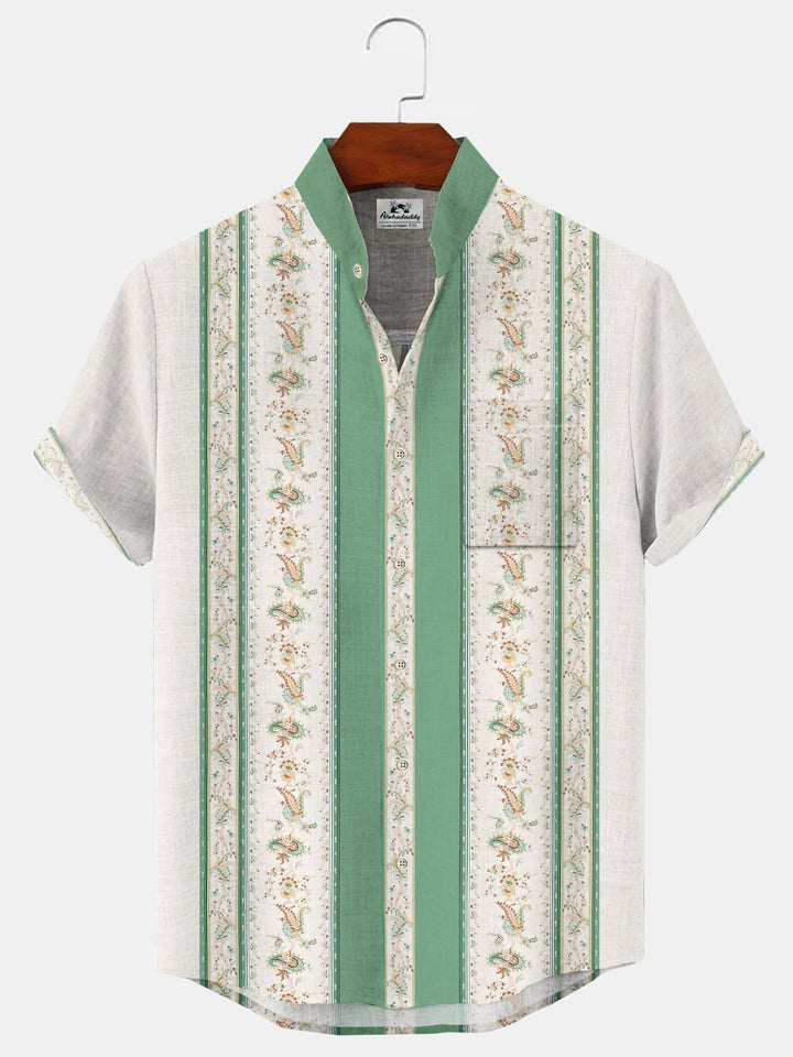 Alohadaddy Ethnic Pattern Plant Button Pocket Casual 50S Bowling Commuting Stand Collar Short Sleeve Shirt