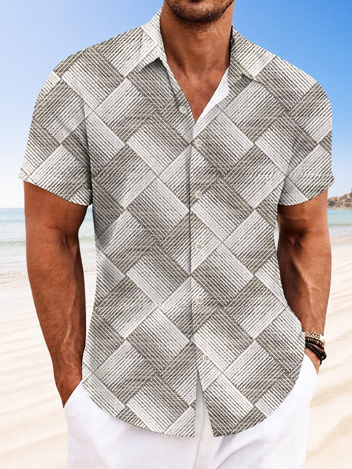 Alohadaddy Geometric Pattern Button Pocket Casual Short Sleeve Shirt