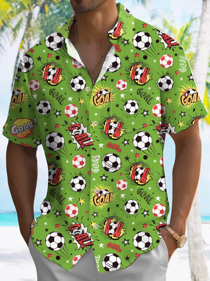 Alohadaddy Geometric Football Text Button Pocket Casual Short Sleeve Shirt