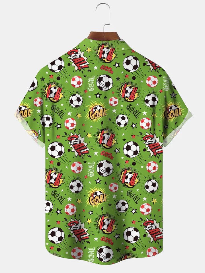 Alohadaddy Geometric Football Text Button Pocket Casual Short Sleeve Shirt