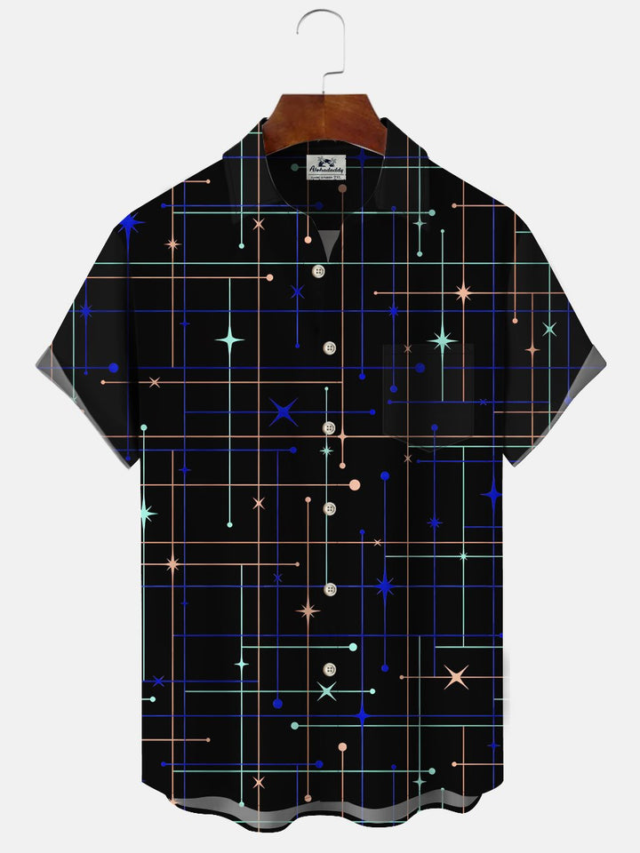 Alohadaddy Geometric Lines Button Pocket Casual Short Sleeve Shirt