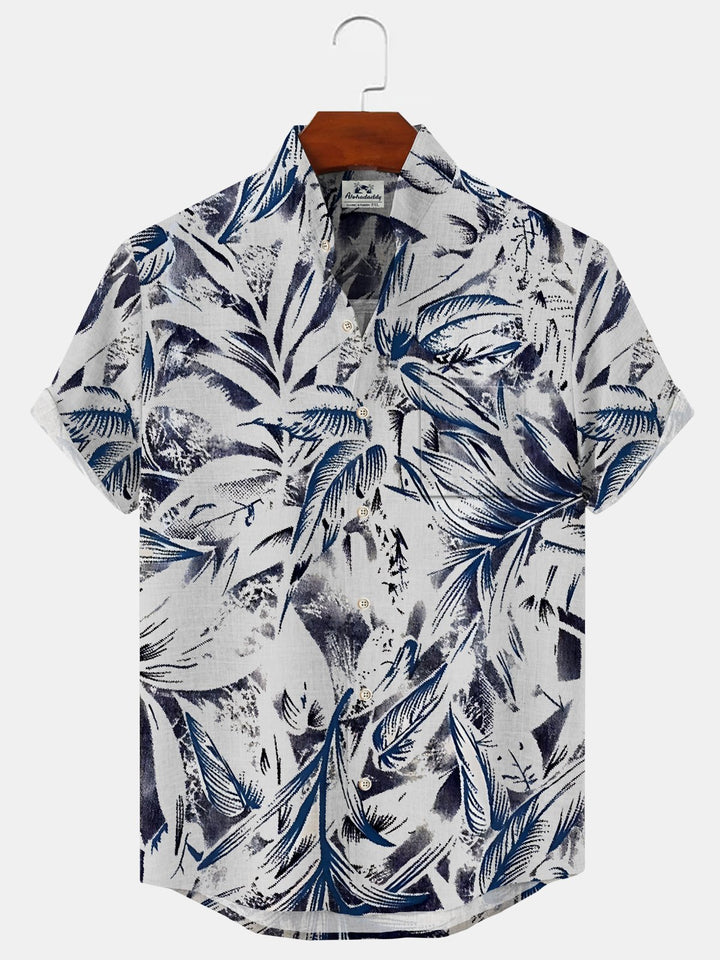 Alohadaddy Plant Leaves Button Pocket Casual Short Sleeve Stand Collar Shirt