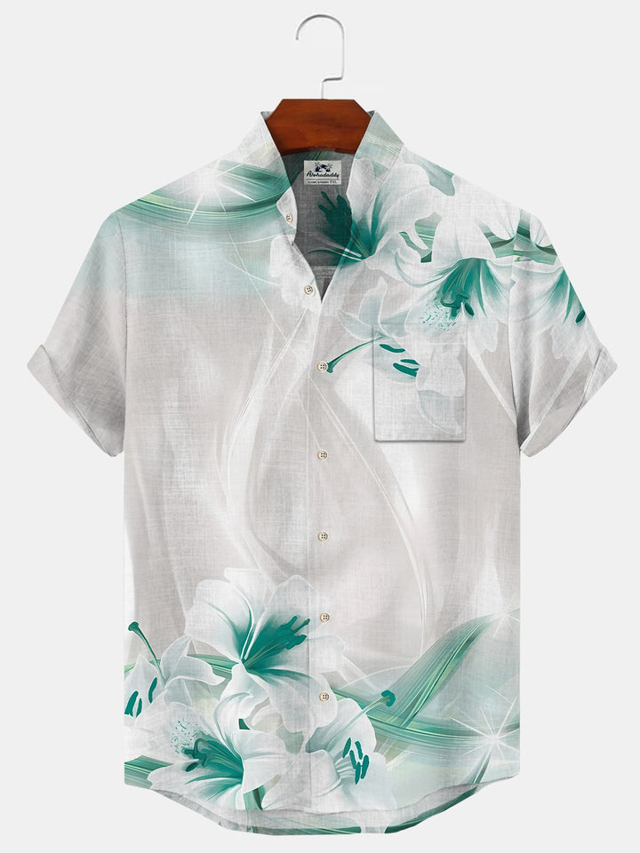 Alohadaddy Plant Gradient Button Pocket Casual Short Sleeve Stand Collar Shirt