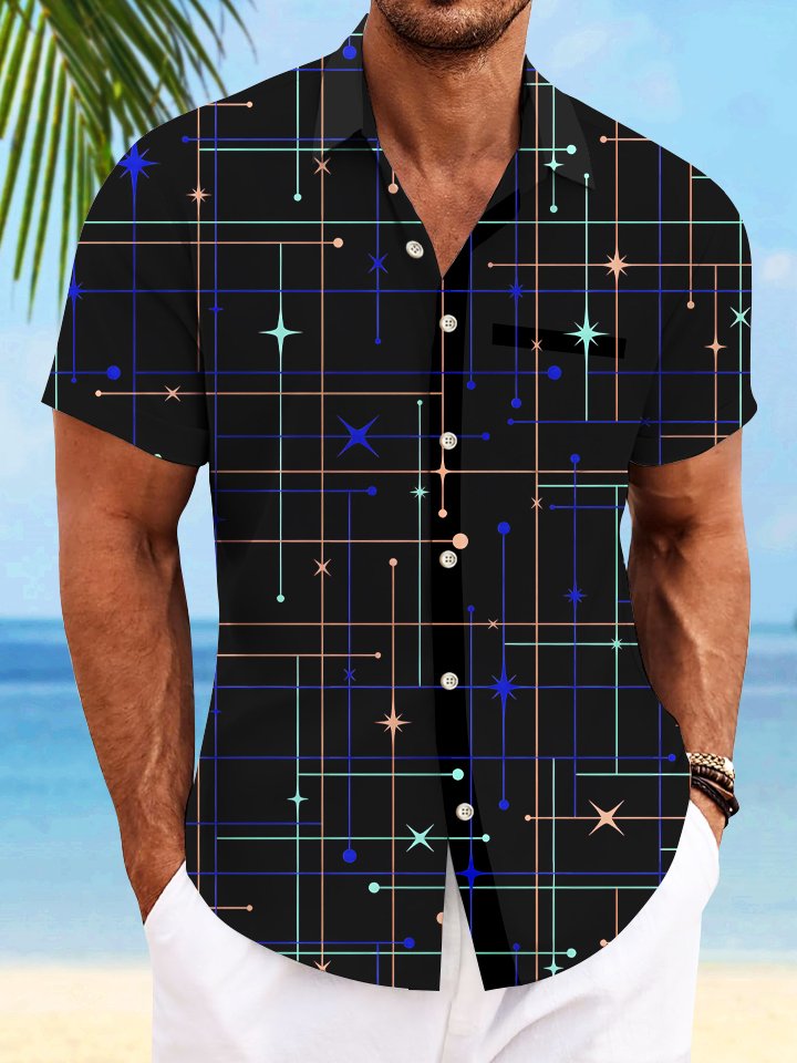 Alohadaddy Geometric Lines Button Pocket Casual Short Sleeve Shirt