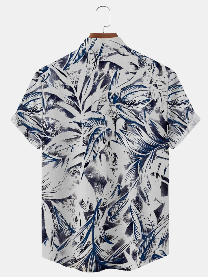 Alohadaddy Plant Leaves Button Pocket Casual Short Sleeve Stand Collar Shirt