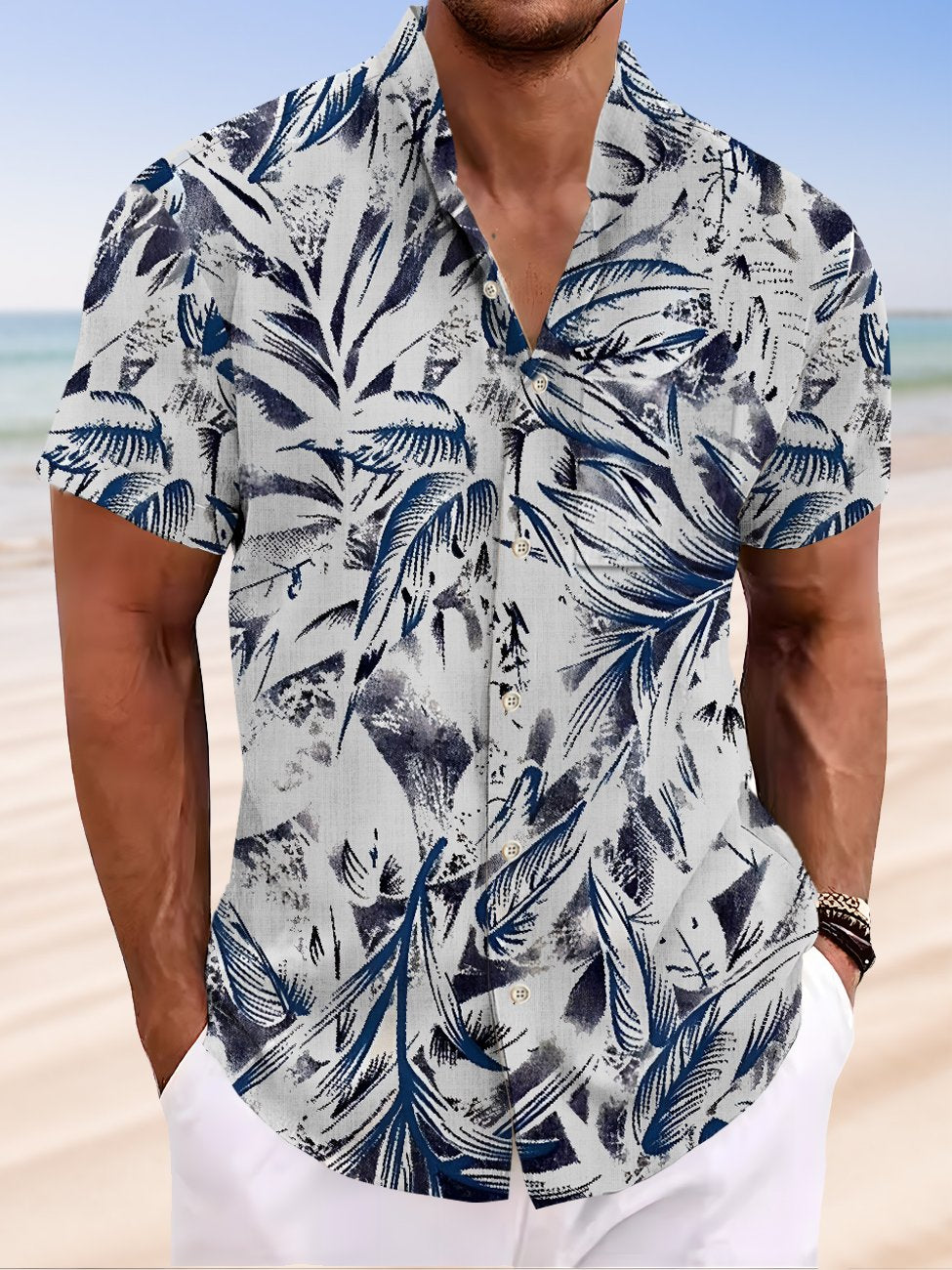 Alohadaddy Plant Leaves Button Pocket Casual Short Sleeve Stand Collar Shirt