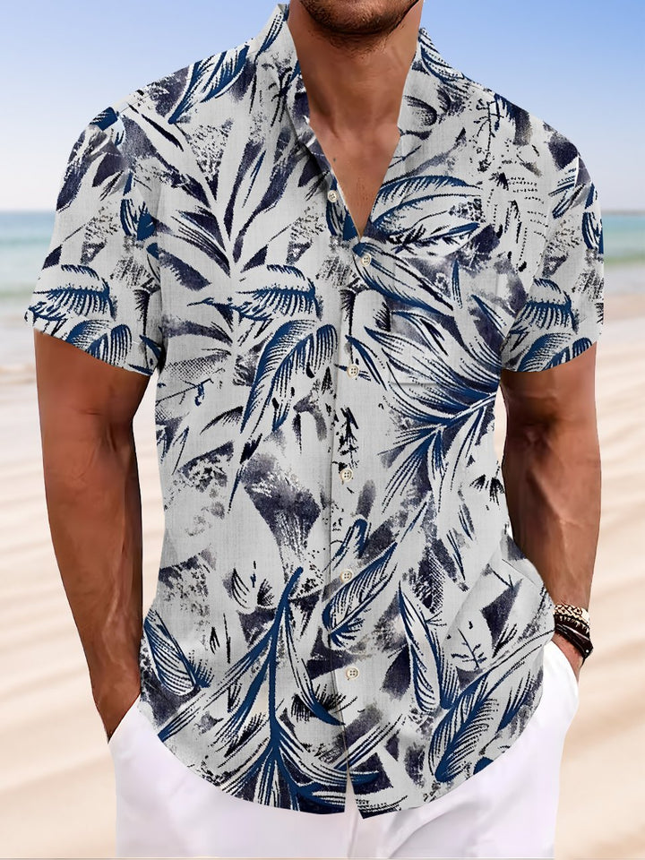 Alohadaddy Plant Leaves Button Pocket Casual Short Sleeve Stand Collar Shirt