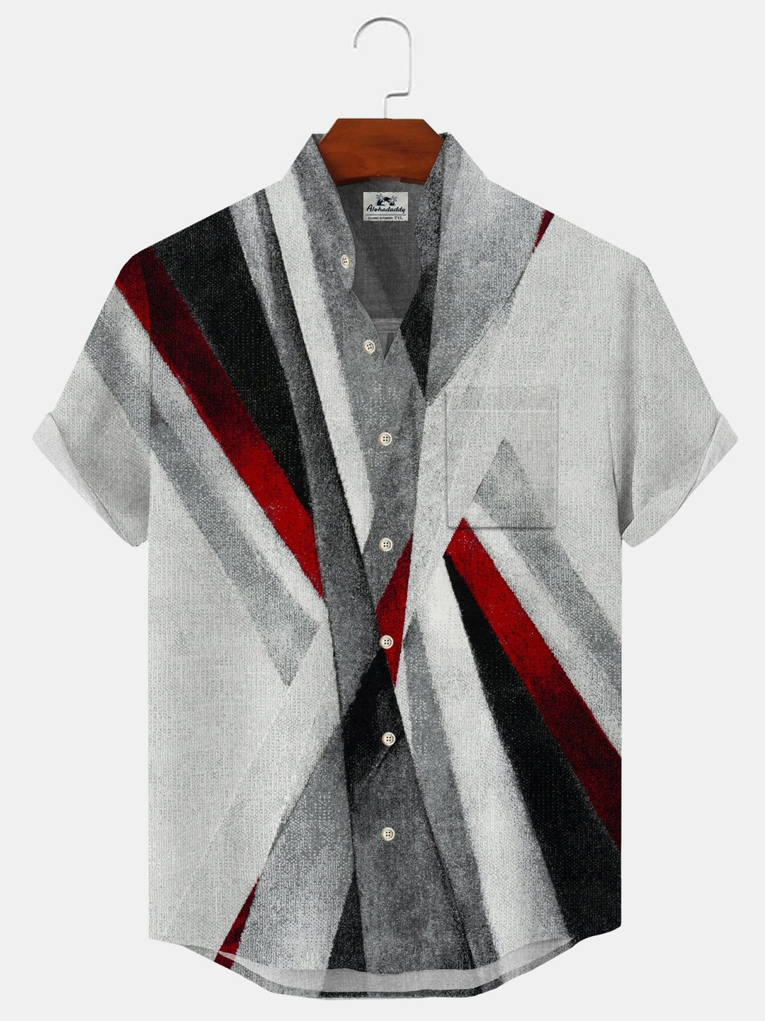Alohadaddy Geometric Stripes Button Pocket Casual Short Sleeve Stand Collar Shirt