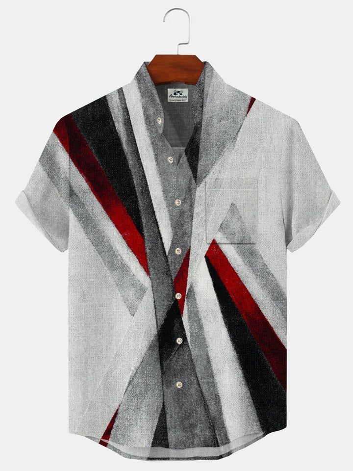 Alohadaddy Geometric Stripes Button Pocket Casual Short Sleeve Stand Collar Shirt