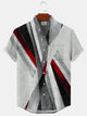 Alohadaddy Geometric Stripes Button Pocket Casual Short Sleeve Stand Collar Shirt