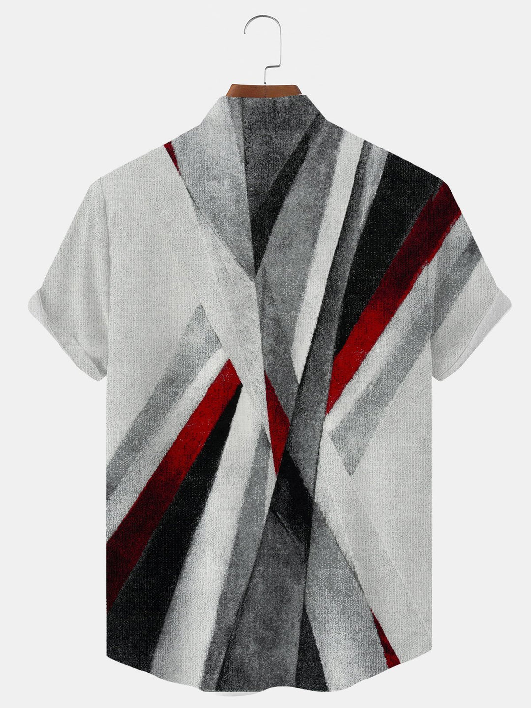 Alohadaddy Geometric Stripes Button Pocket Casual Short Sleeve Stand Collar Shirt