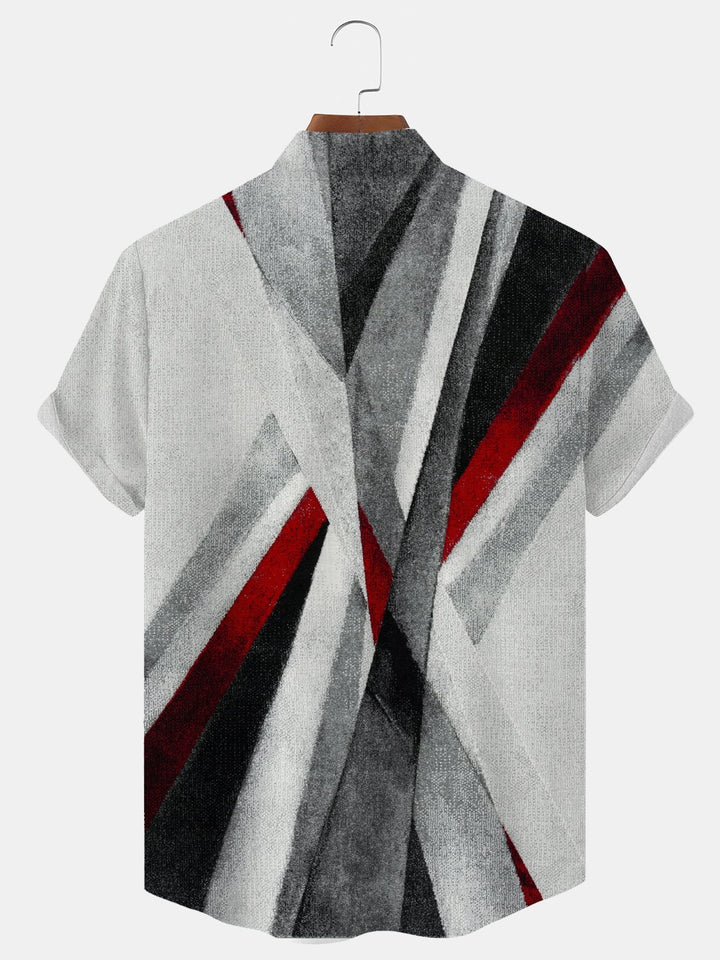 Alohadaddy Geometric Stripes Button Pocket Casual Short Sleeve Stand Collar Shirt