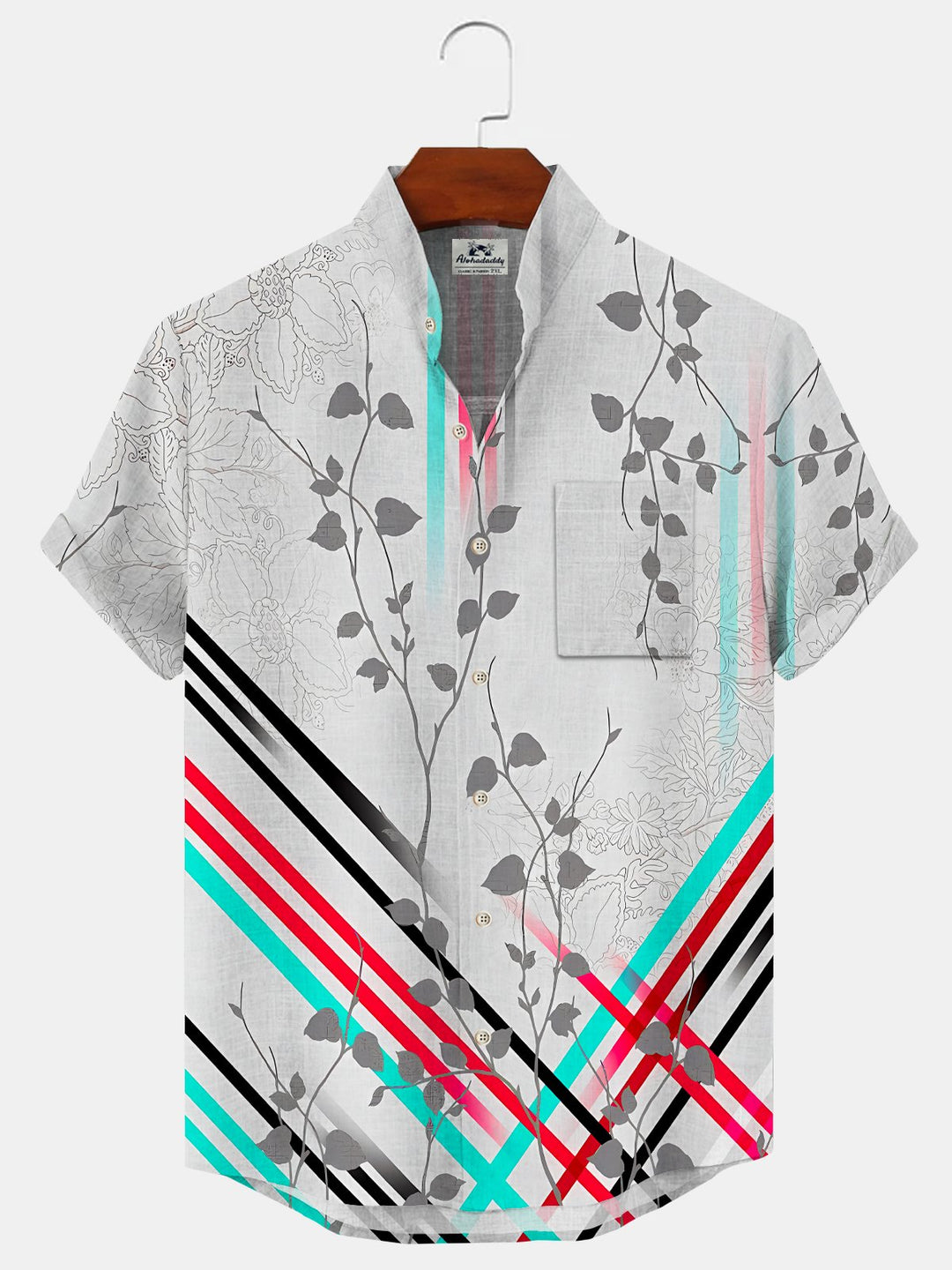 Alohadaddy Geometric Plant Leaf Button Pocket Casual Short Sleeve Shirt