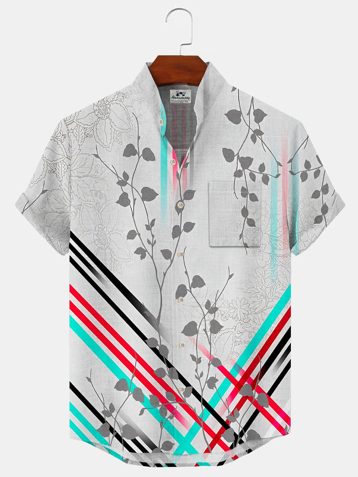 Alohadaddy Geometric Plant Leaf Button Pocket Casual Short Sleeve Shirt