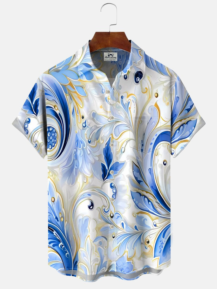 Alohadaddy Plant Leaves Button Pocket Casual Short Sleeve Shirt