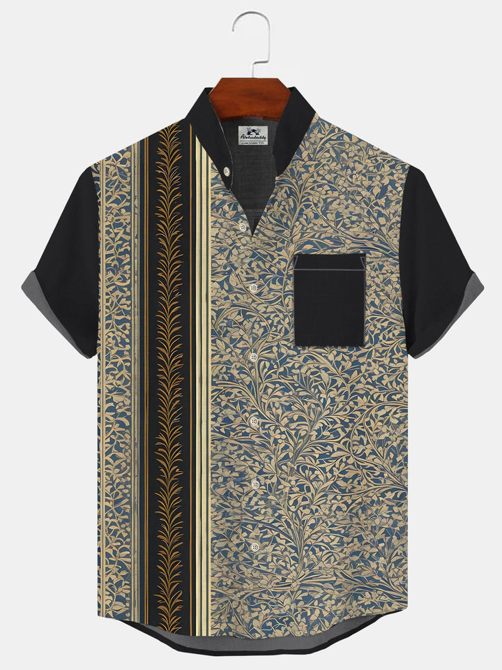 Alohadaddy Plant Leaves Button Pocket Casual Short Sleeve Shirt